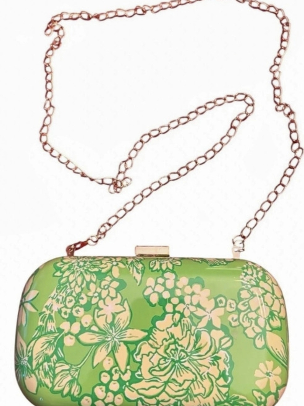 Lilly Pulitzer green floral hard shell clutch, rose gold chain crossbody